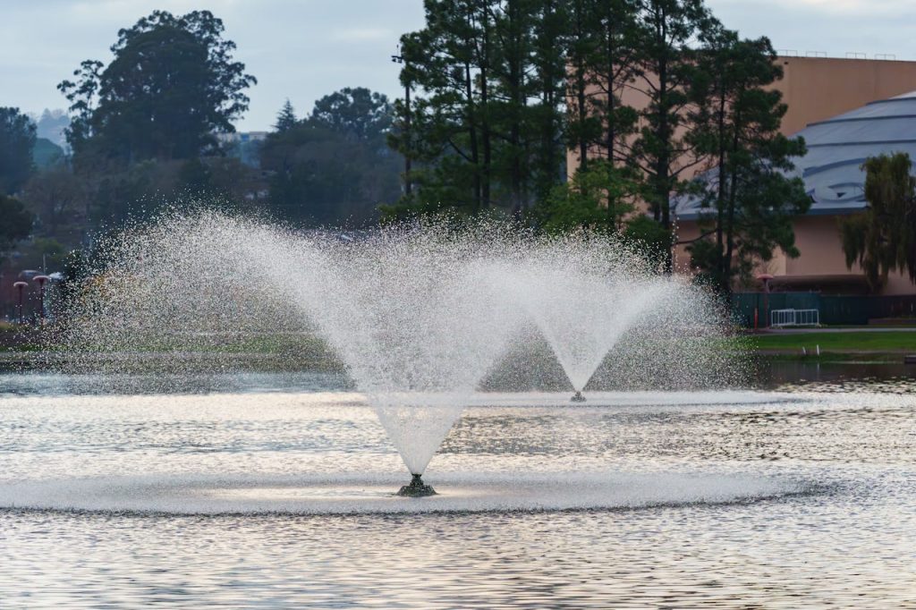 pexels photo 35279443 Twin water fountains gracefully spray water in a serene park environment.